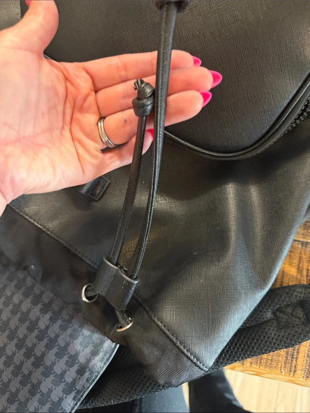 Karl Lagerfeld Black Saffiano Drawstring Backpack with Front Pocket